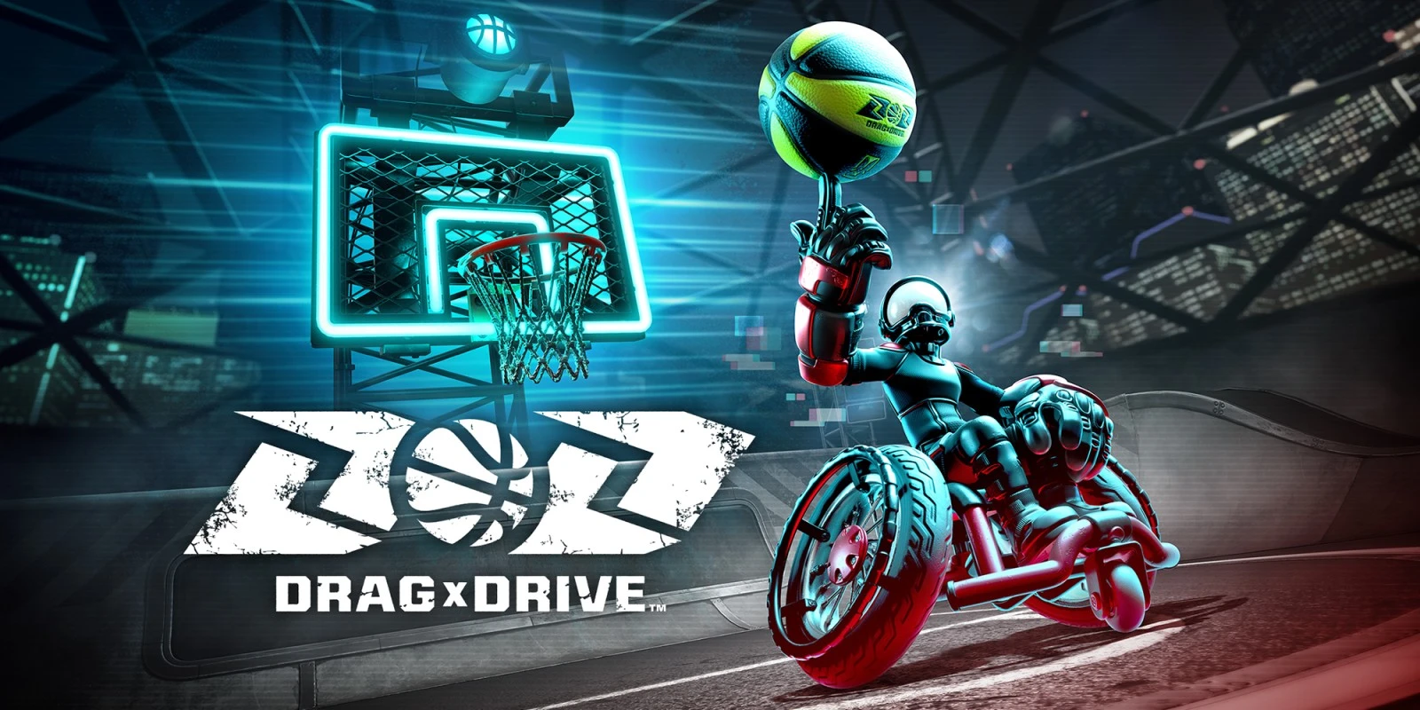 Promotional image for Drag × Drive featuring a player in a futuristic wheelchair holding a basketball.